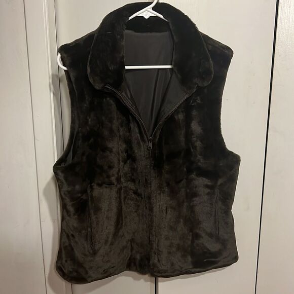 Women's Brown Faux Fur Reversible Collared Sleeveless Zip Up Vest L - Picture 6 of 9